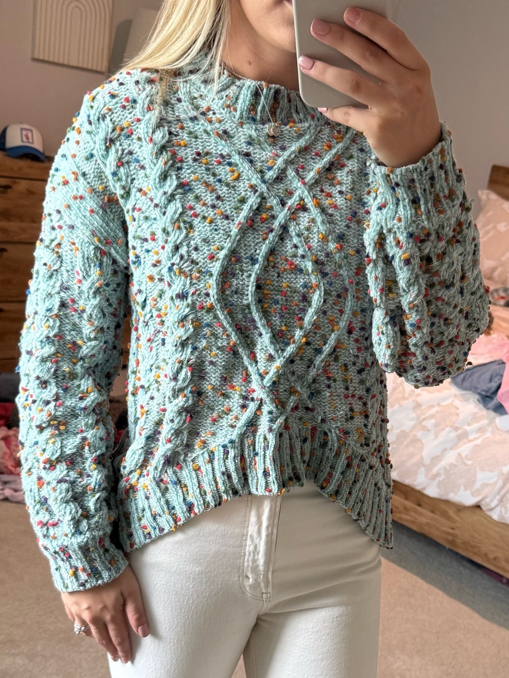 Altar'd State Mint Speckled Cable Knit Crewneck Sweater